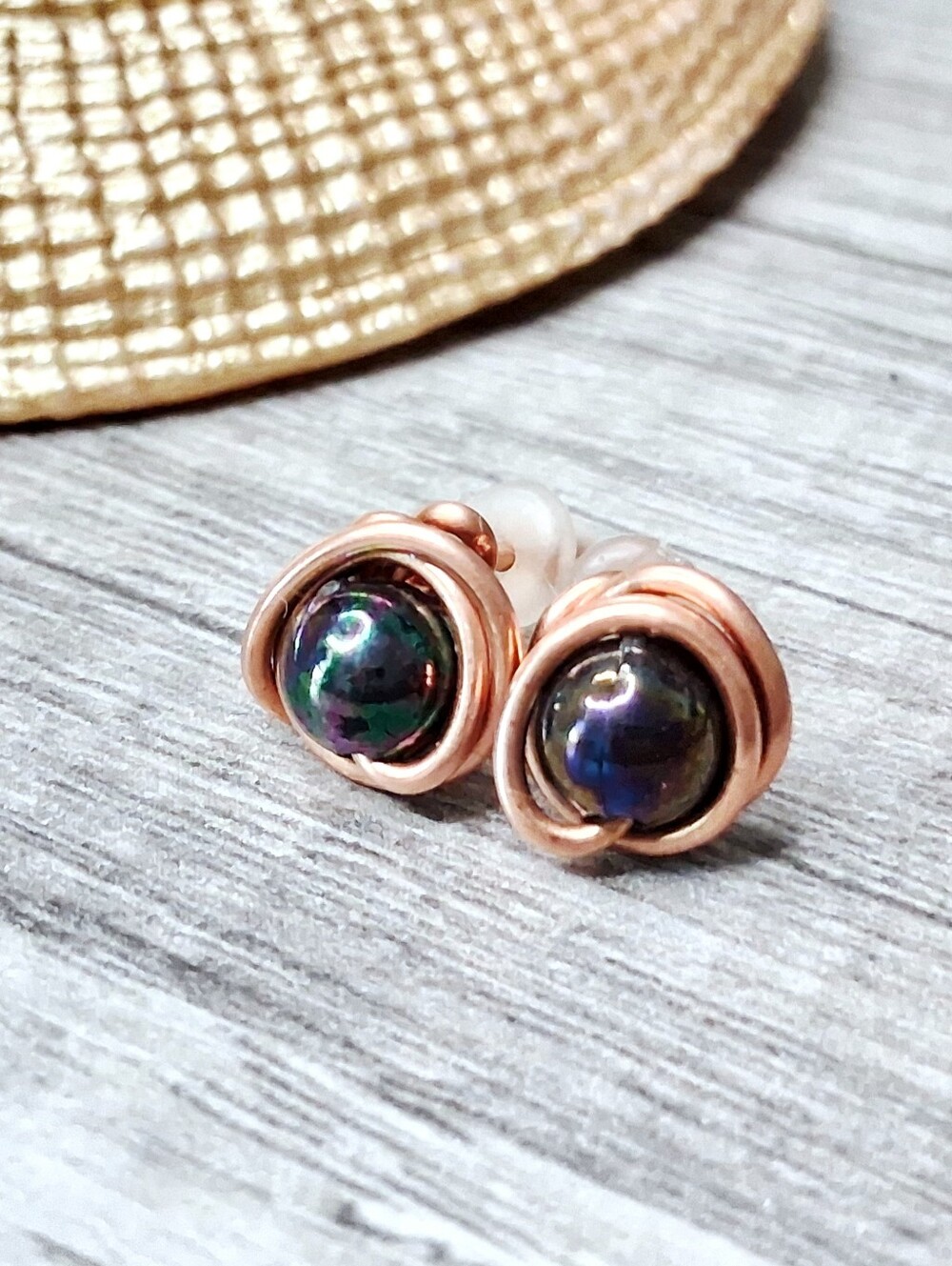 BOGO EARRINGS - Copper Wire Stud Earrings with Black Iridescent Accents